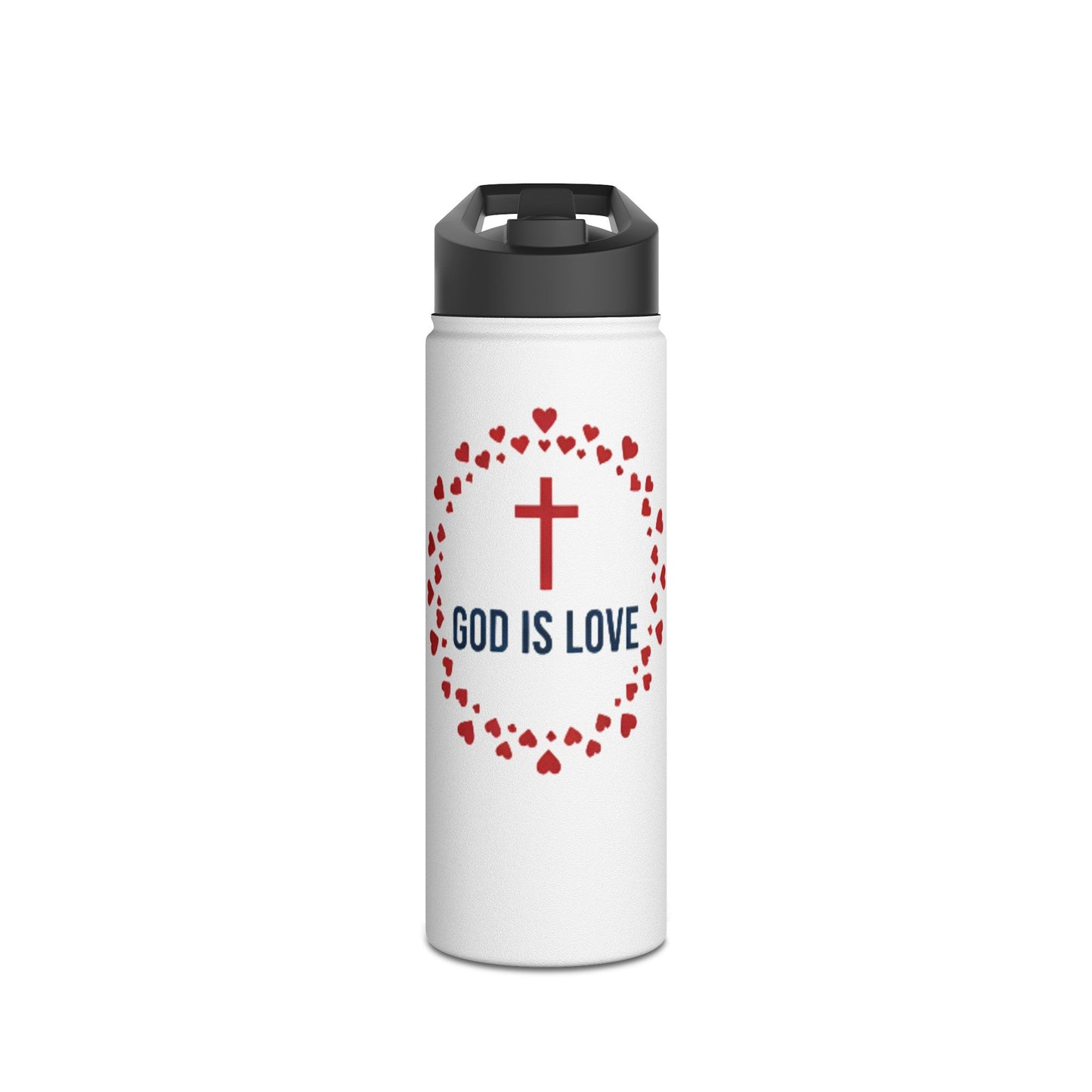 God Is Love Stainless Steel Water Bottle — Christian Cross Heart Design