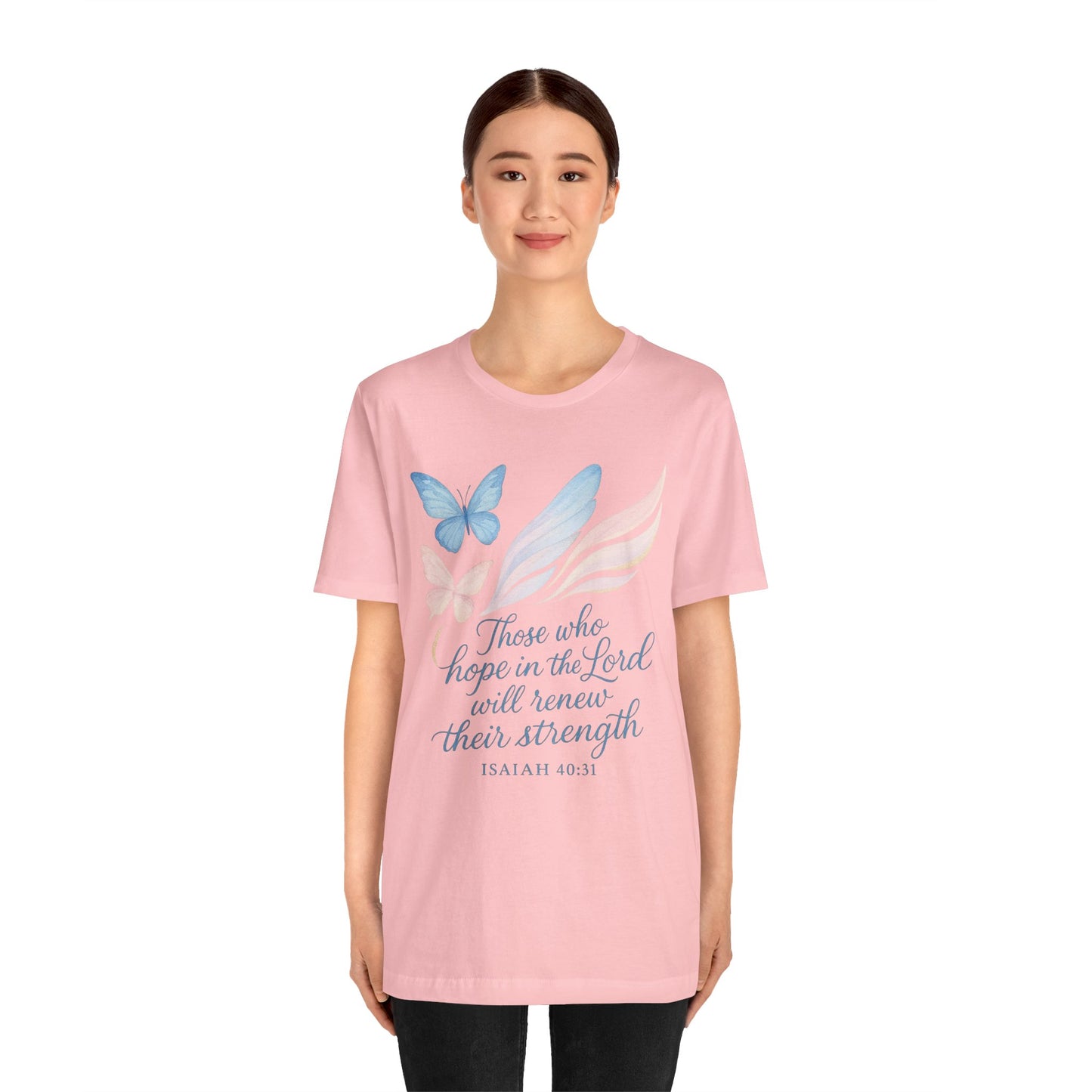 Inspirational Scripture T-Shirt – "Those Who Hope in the Lord" Isaiah 40:31, Pastel Butterflies