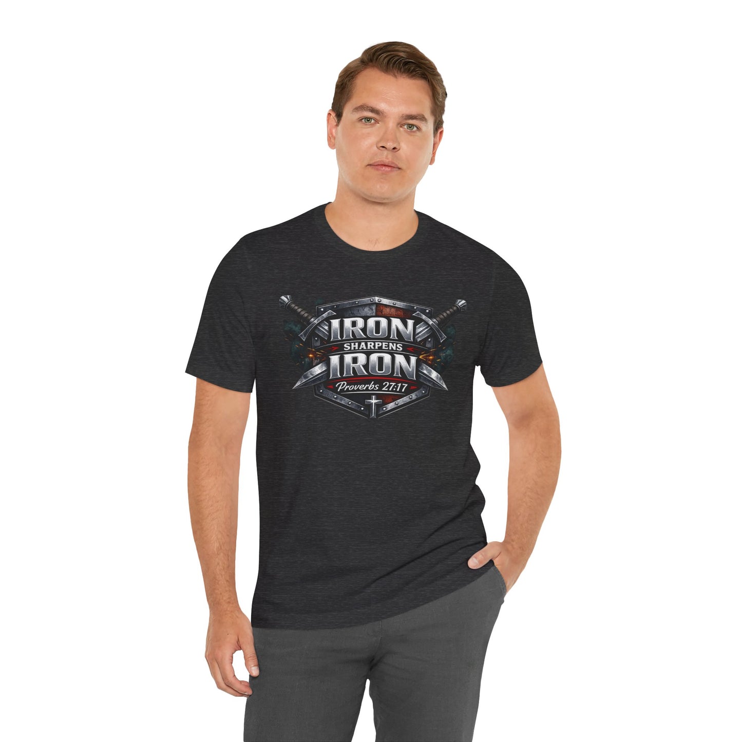 Iron Sharpens Iron T-Shirt — Faith-Based Proverbs 27:17 Graphic Tee