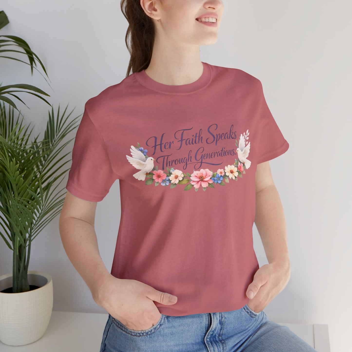 Her Faith Speaks Through Generations T-Shirt — Floral Inspirational Christian Tee