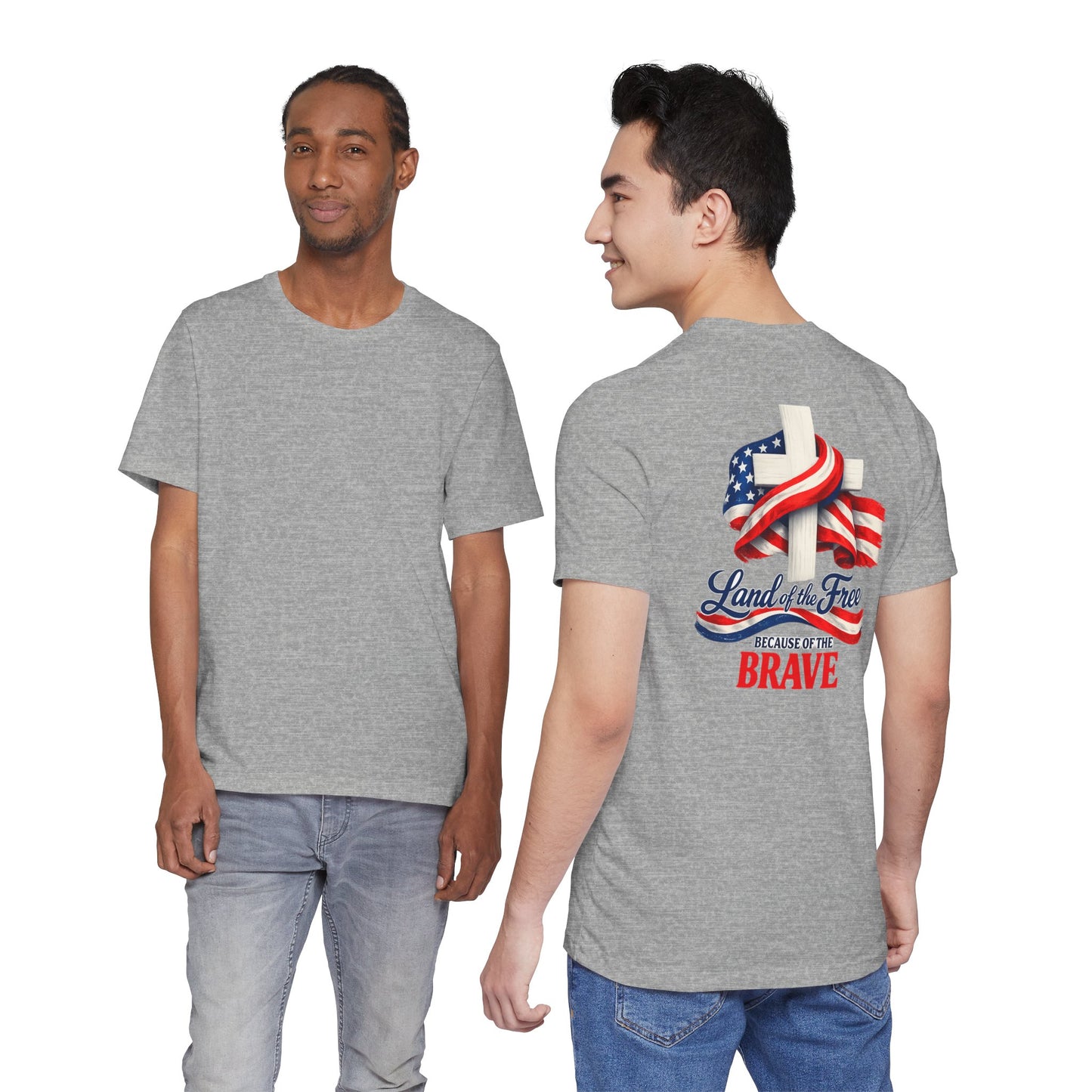 Land of the Free Because of the Brave Tee - Patriotic American Flag Cross T-Shirt