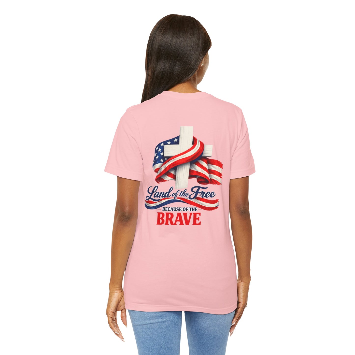 Land of the Free Because of the Brave Tee - Patriotic American Flag Cross T-Shirt