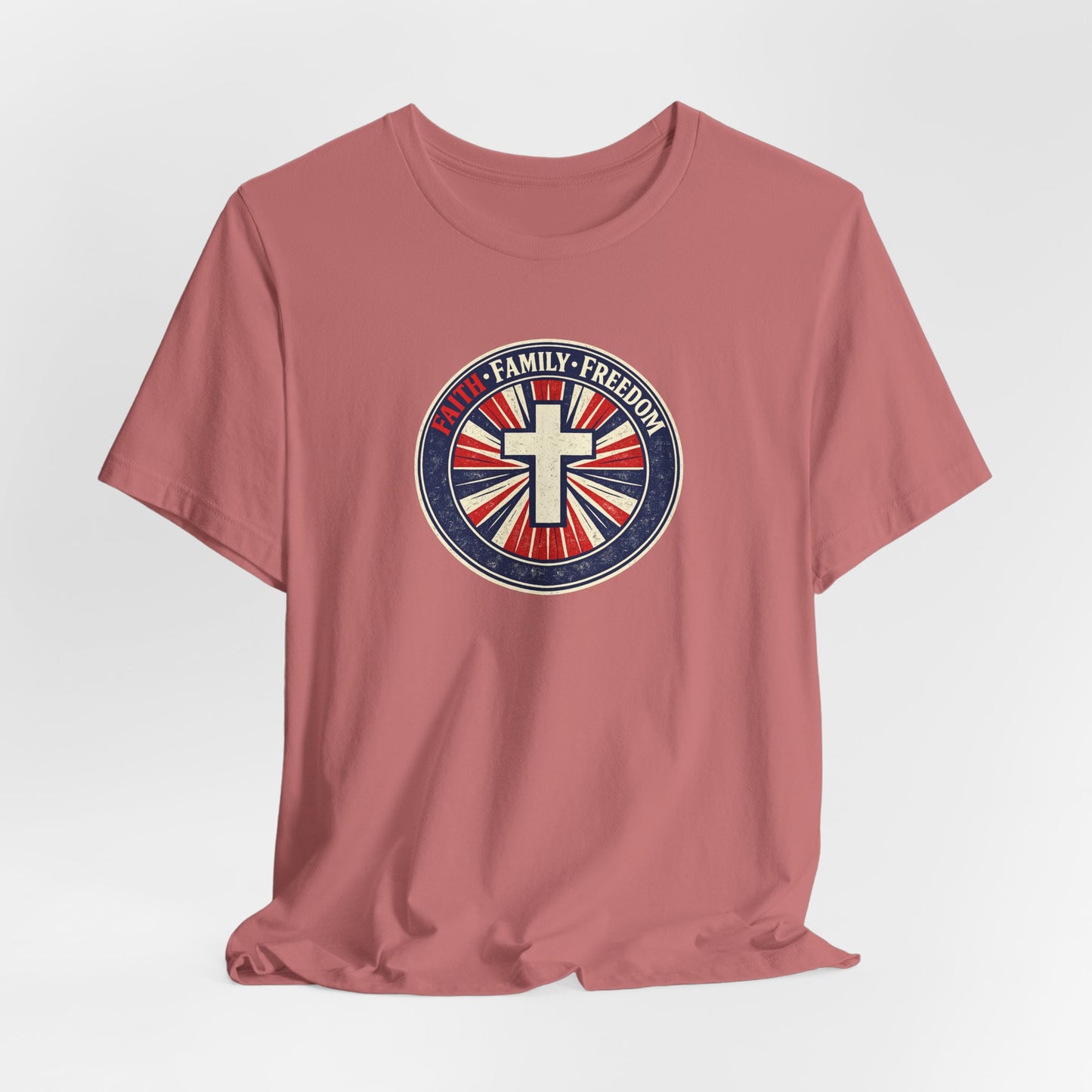 Faith Family Freedom T‑Shirt — Cross Emblem Patriotic Graphic Tee