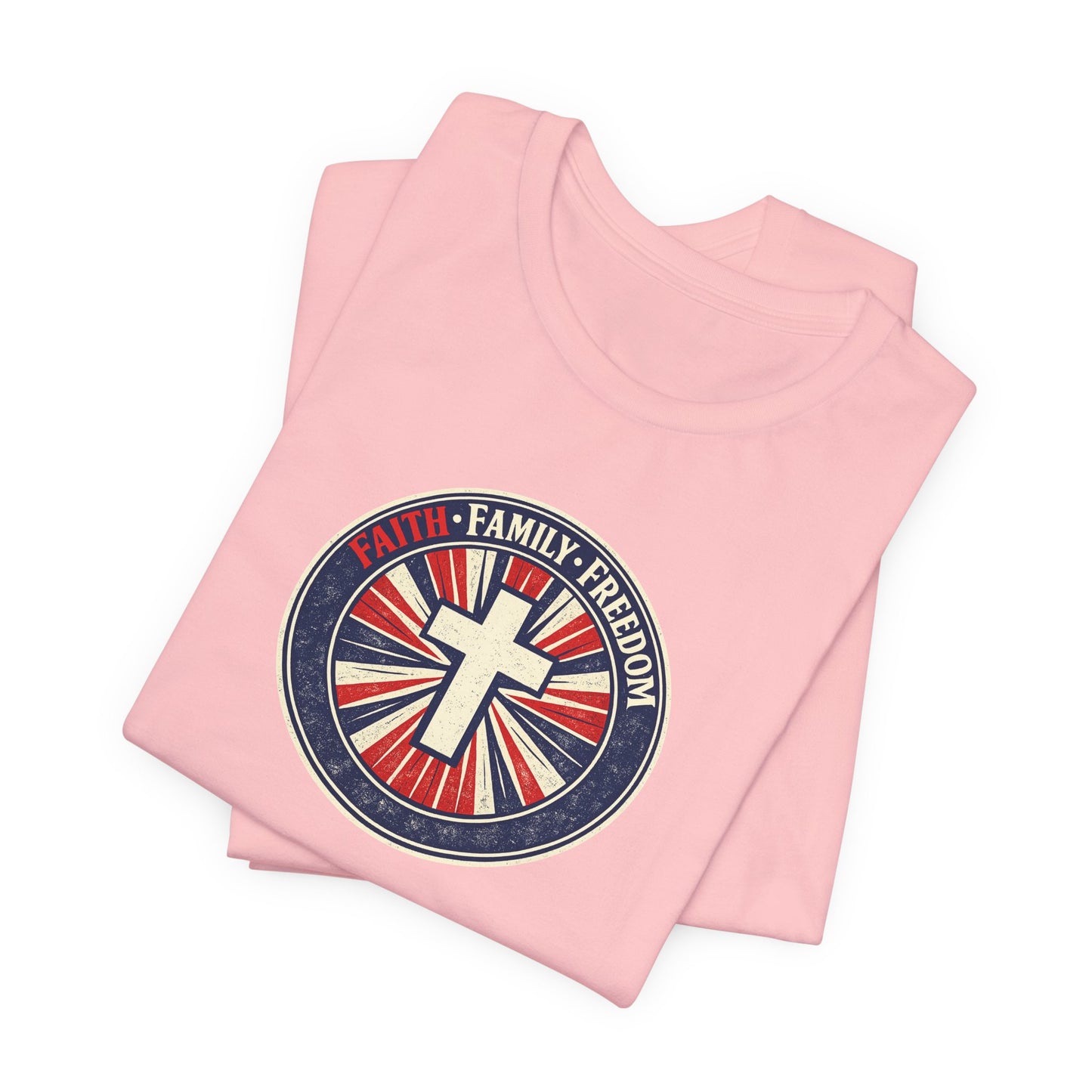 Faith Family Freedom T‑Shirt — Cross Emblem Patriotic Graphic Tee