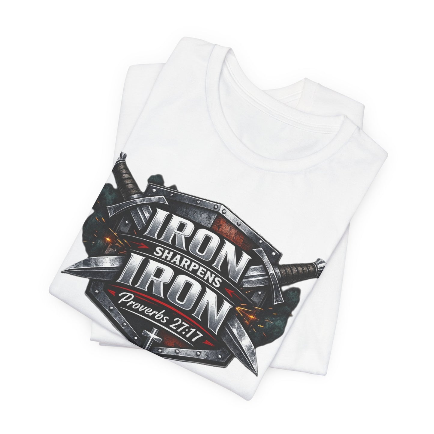 Iron Sharpens Iron T-Shirt — Faith-Based Proverbs 27:17 Graphic Tee