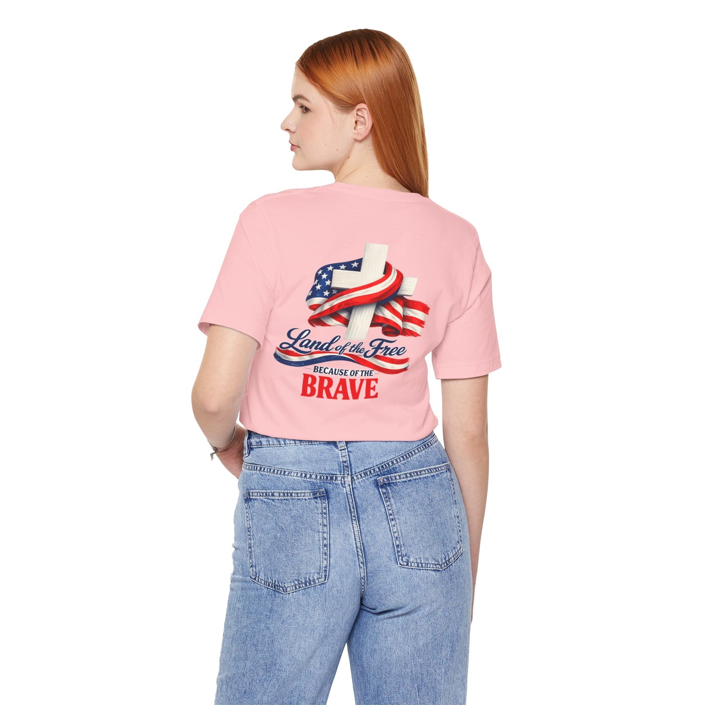 Land of the Free Because of the Brave Tee - Patriotic American Flag Cross T-Shirt