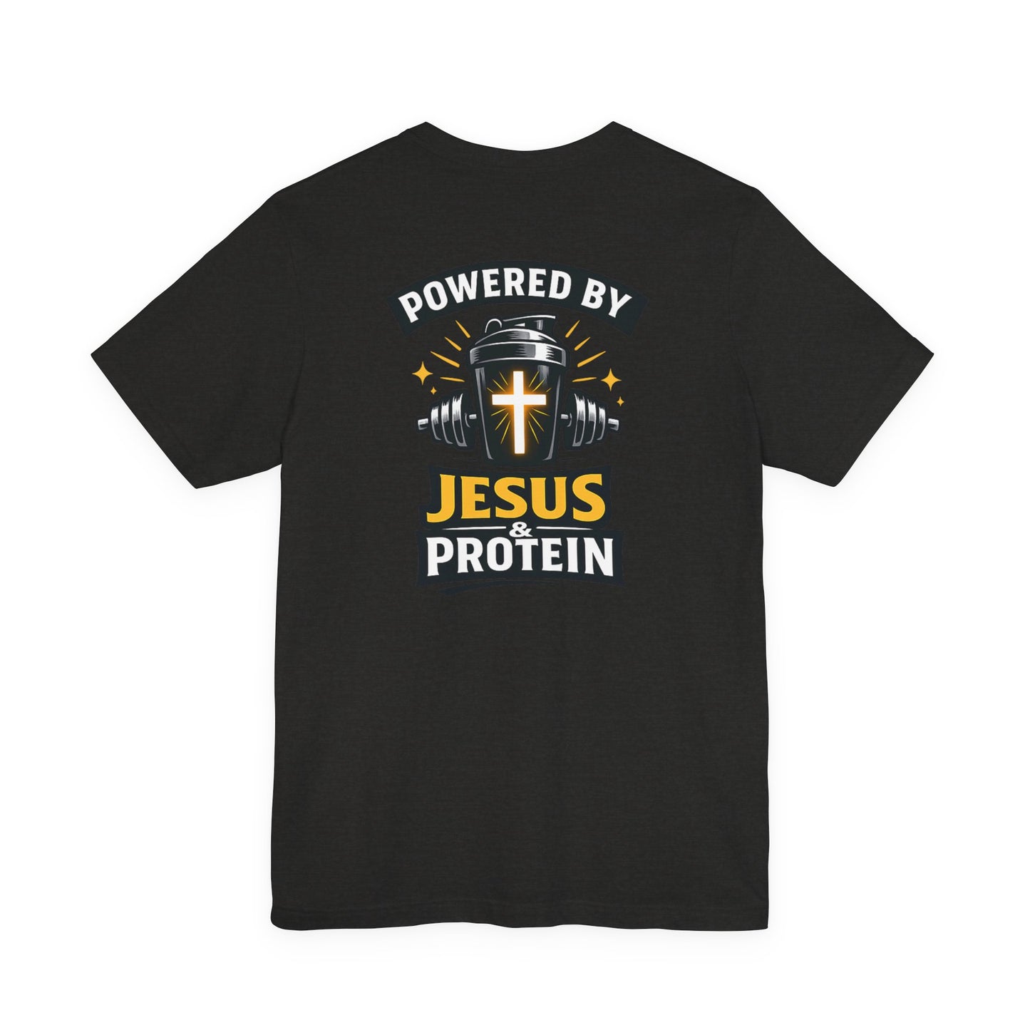 Powered by Jesus & Protein T-Shirt — Christian Gym Fitness Tee