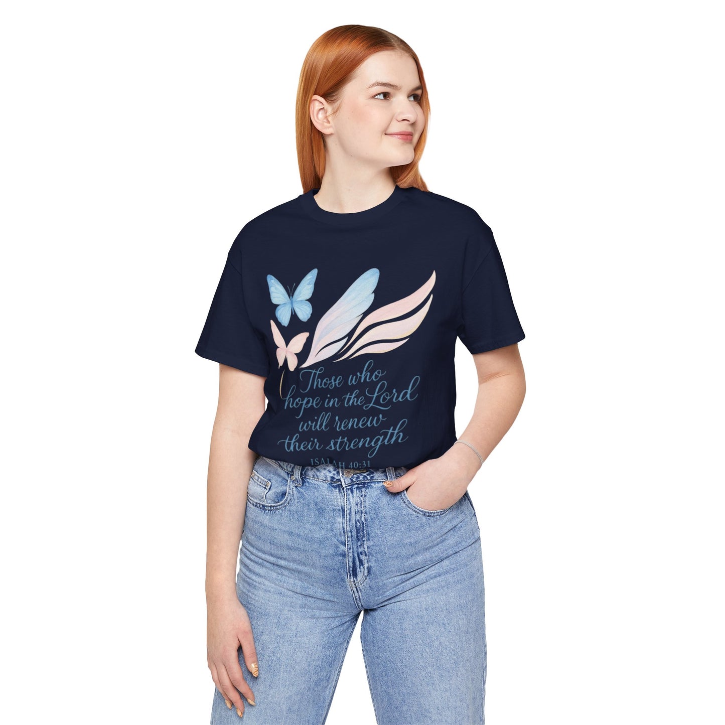 Inspirational Scripture T-Shirt – "Those Who Hope in the Lord" Isaiah 40:31, Pastel Butterflies