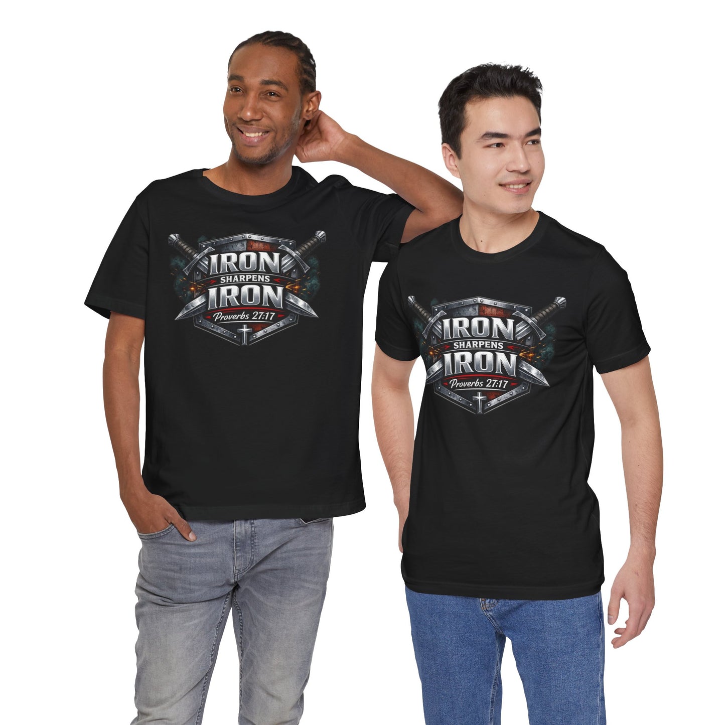 Iron Sharpens Iron T-Shirt — Faith-Based Proverbs 27:17 Graphic Tee