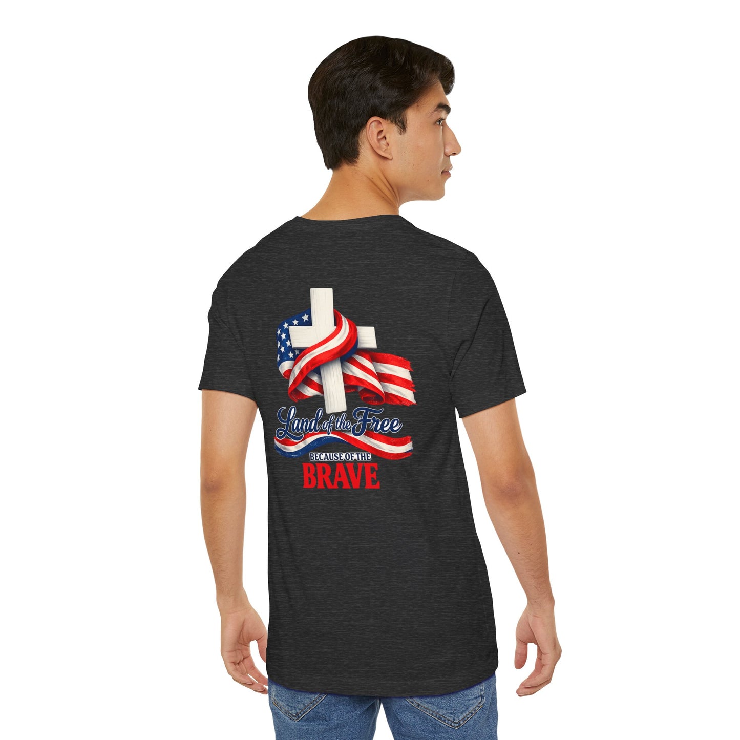 Land of the Free Because of the Brave Tee - Patriotic American Flag Cross T-Shirt