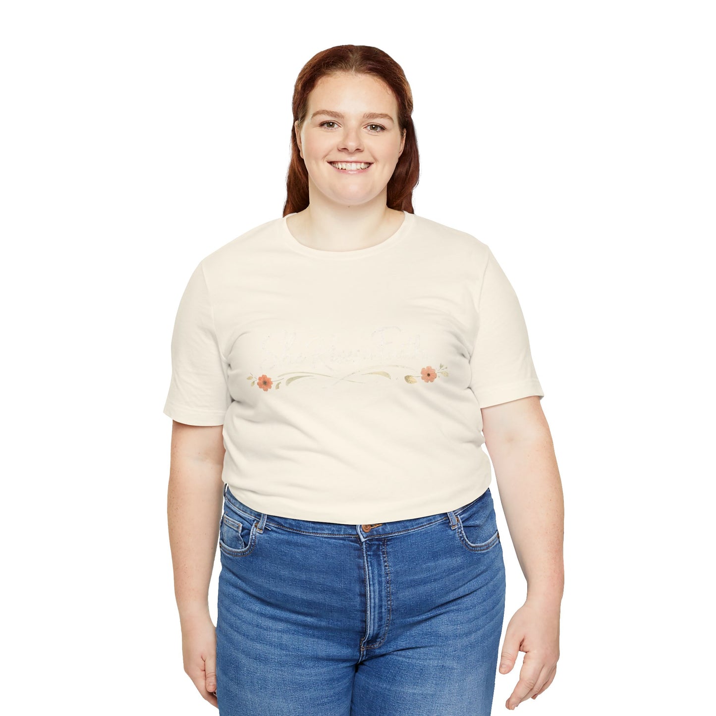 "She Rises In Faith" Chest Tee – Delicate Peach Blossom Graphic