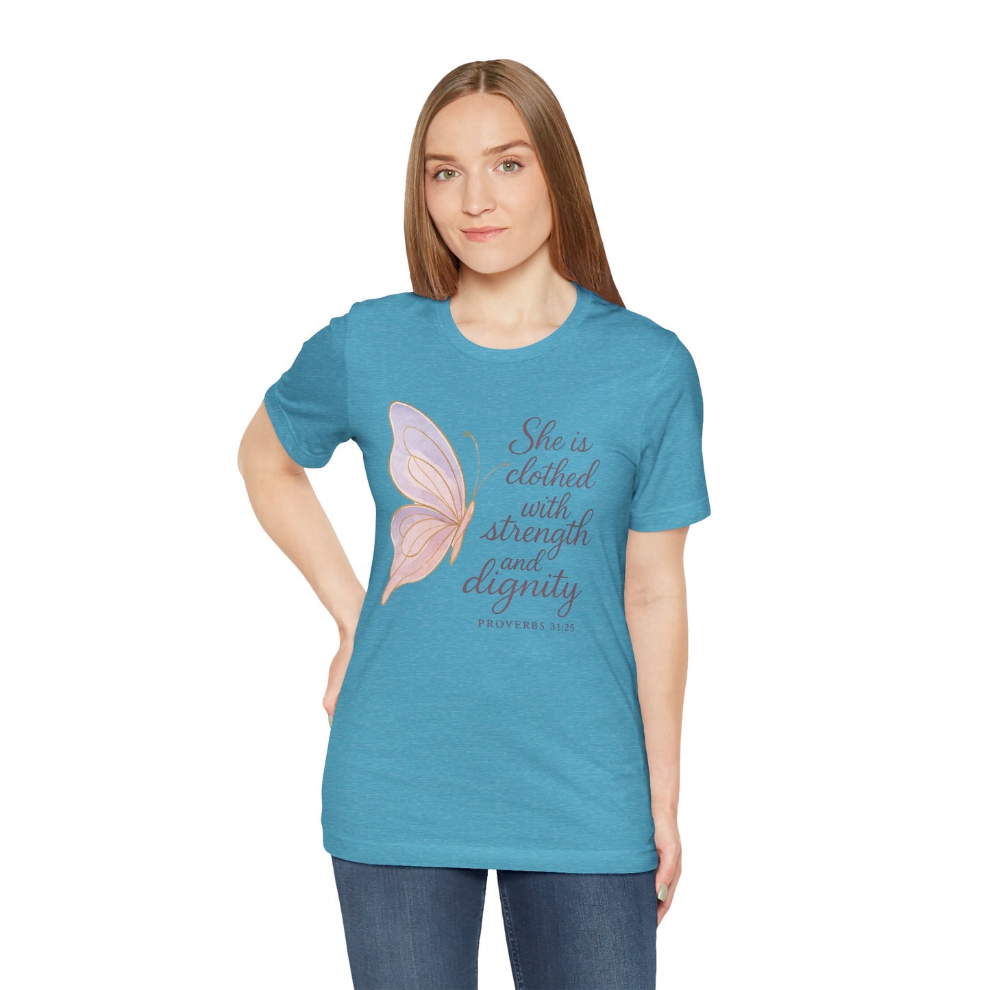 Inspirational "She is clothed with strength and dignity" Butterfly T-Shirt
