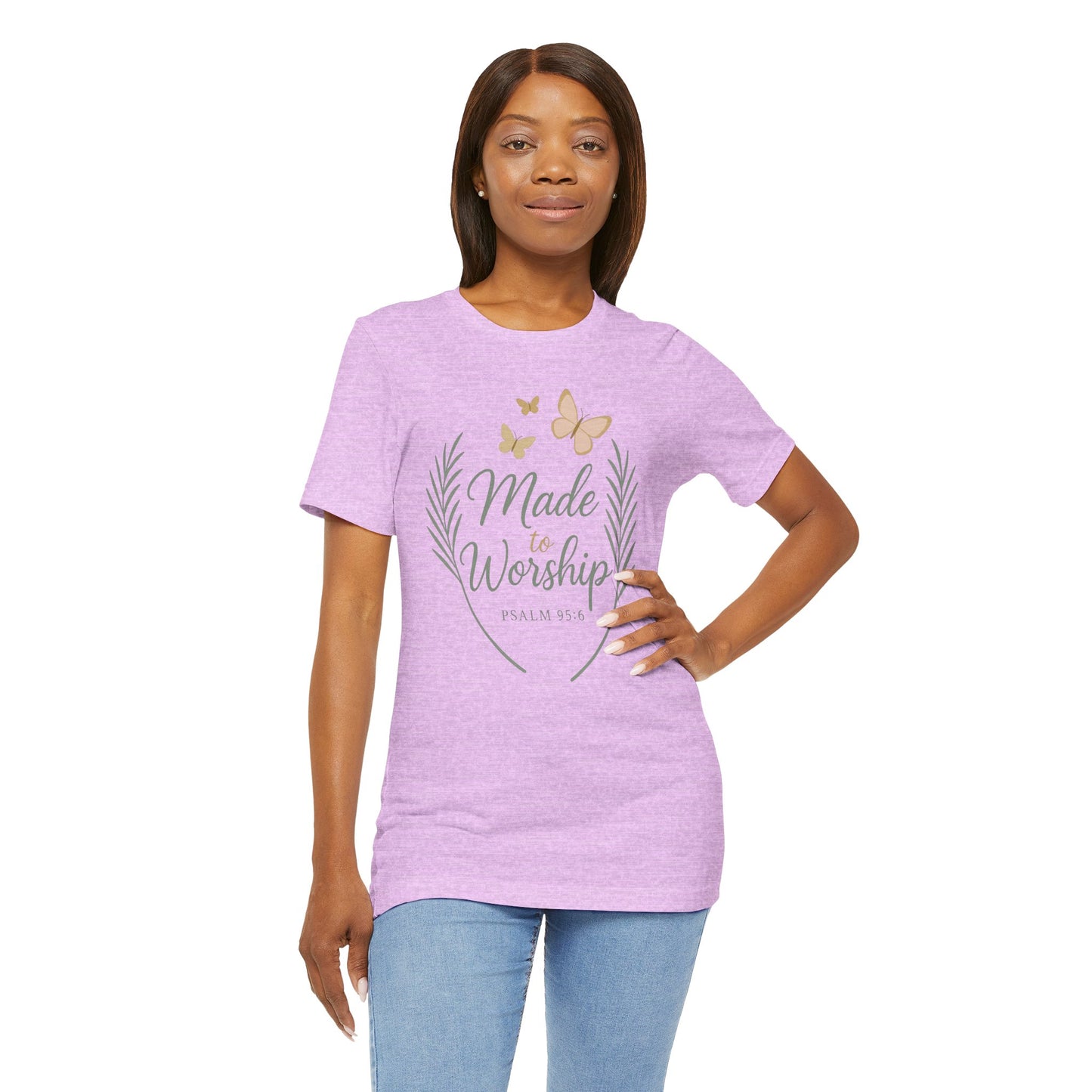 Made to Worship T-Shirt – Psalm 95:6 Christian Faith Tee with Butterflies