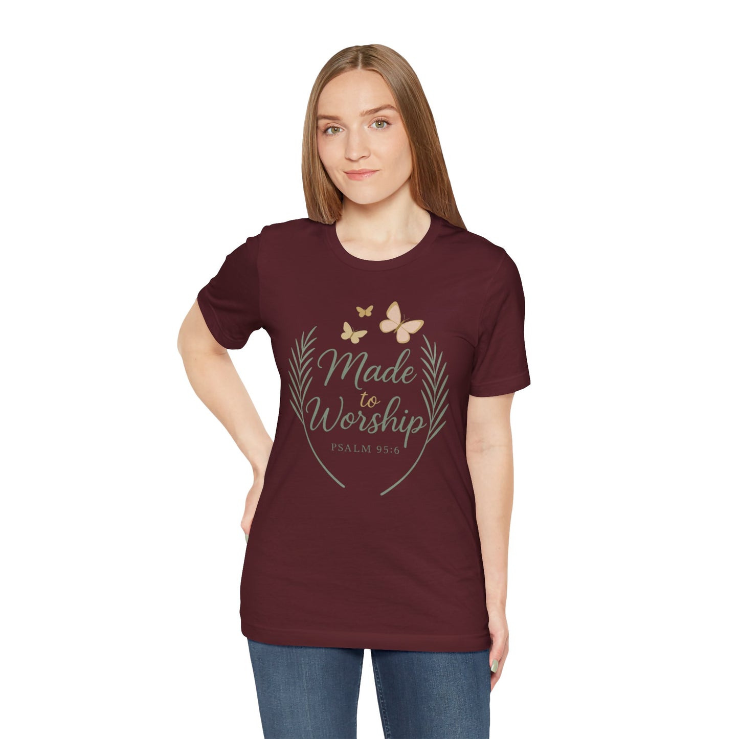 Made to Worship T-Shirt – Psalm 95:6 Christian Faith Tee with Butterflies