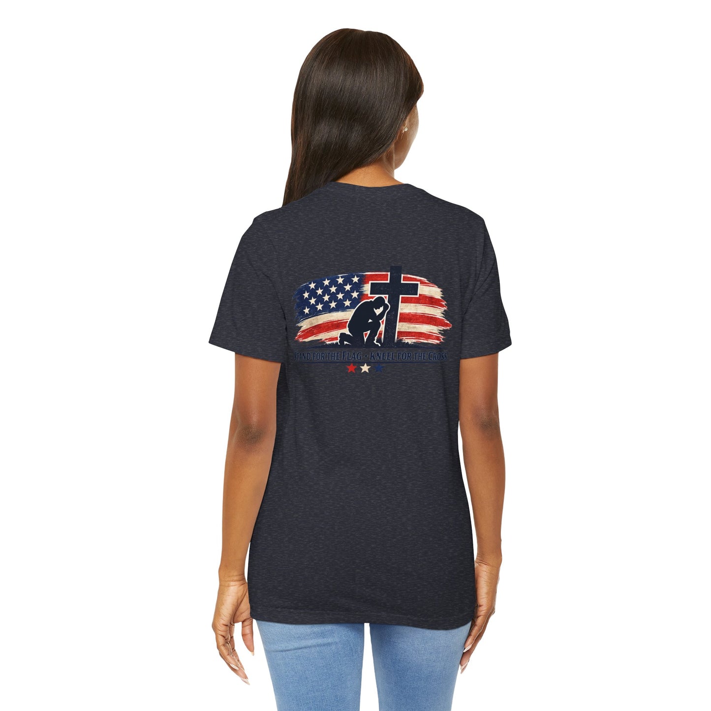 Patriotic Cross Tee – "Stand for the Flag, Kneel for the Cross" Short Sleeve T-Shirt