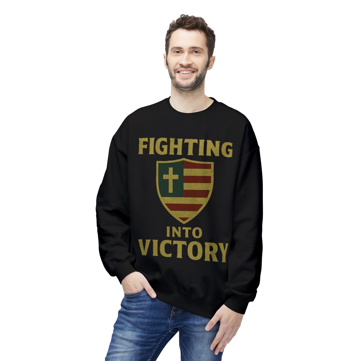 Christian Cross Shield Sweatshirt - Fighting into Victory