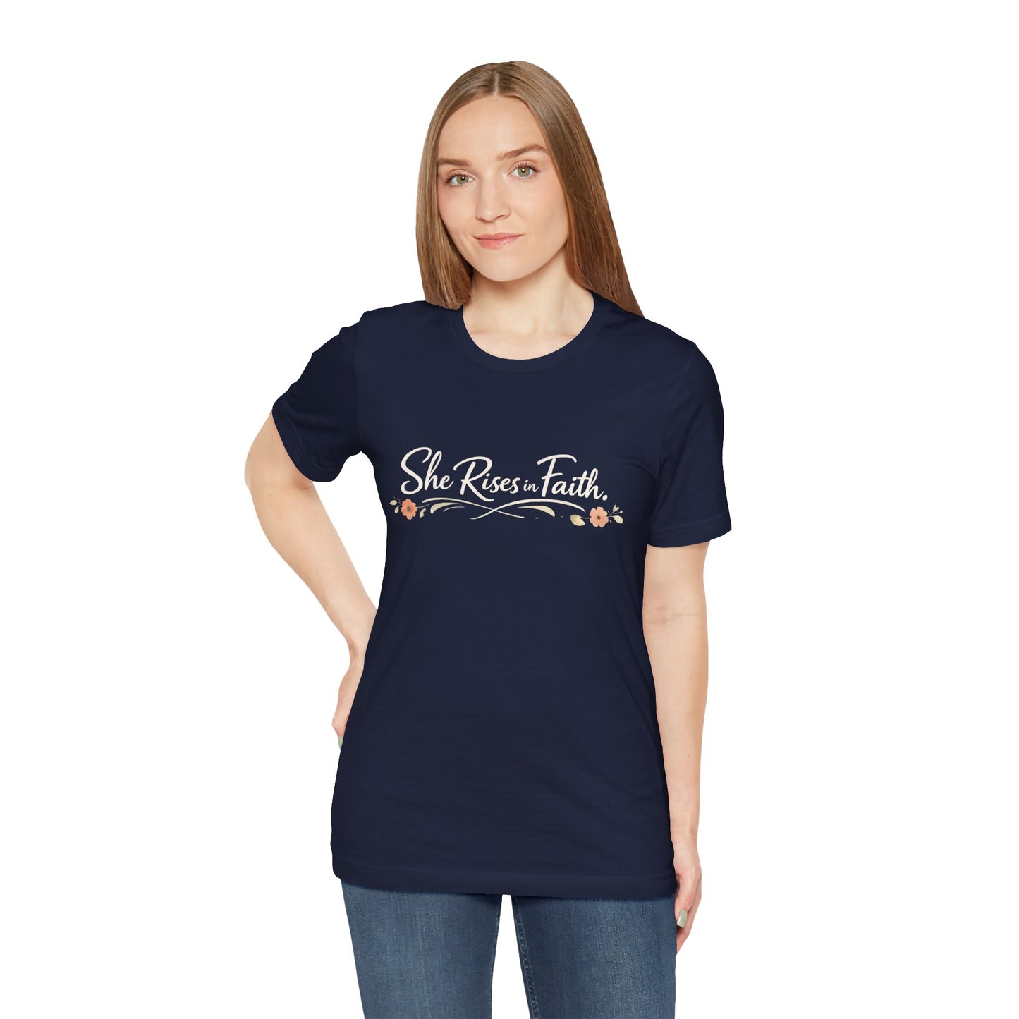 "She Rises In Faith" Chest Tee – Delicate Peach Blossom Graphic