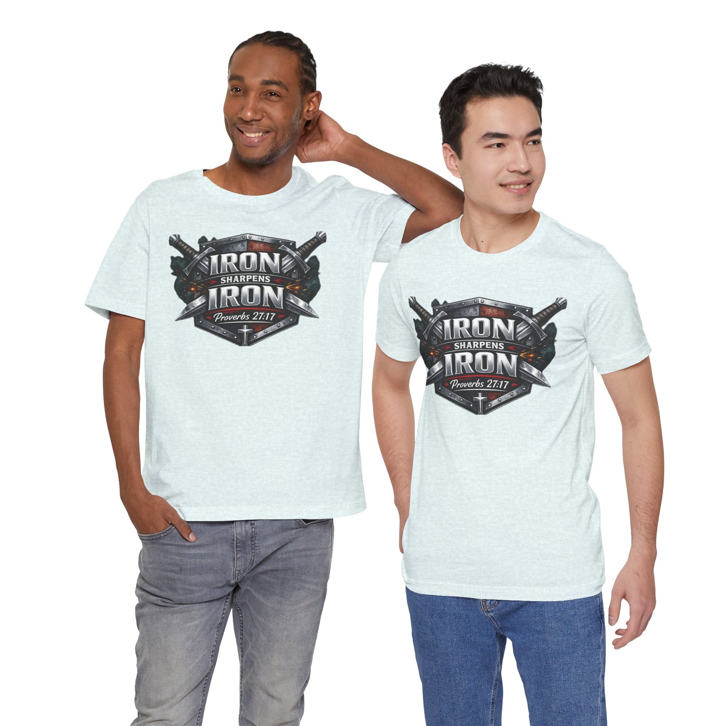 Iron Sharpens Iron T-Shirt — Faith-Based Proverbs 27:17 Graphic Tee