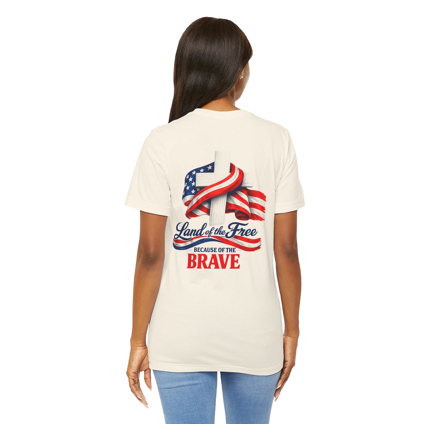 Land of the Free Because of the Brave Tee - Patriotic American Flag Cross T-Shirt