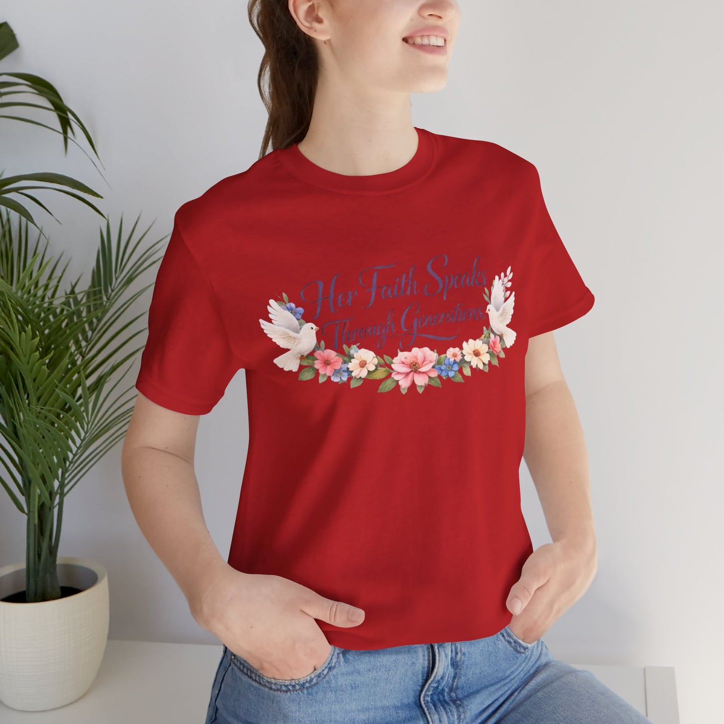 Her Faith Speaks Through Generations T-Shirt — Floral Inspirational Christian Tee