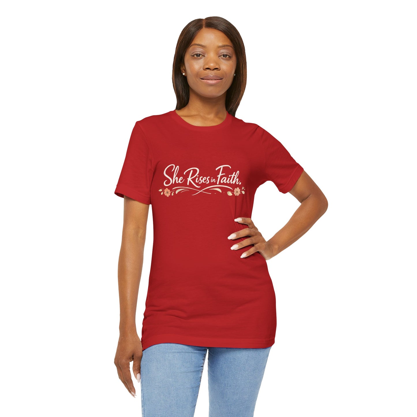 "She Rises In Faith" Chest Tee – Delicate Peach Blossom Graphic