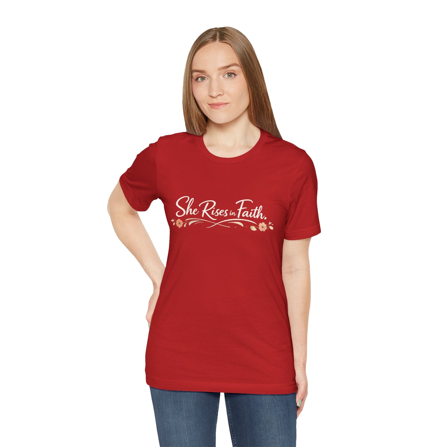 "She Rises In Faith" Chest Tee – Delicate Peach Blossom Graphic