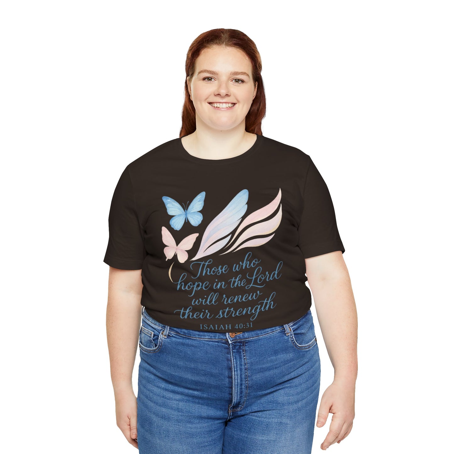 Inspirational Scripture T-Shirt – "Those Who Hope in the Lord" Isaiah 40:31, Pastel Butterflies