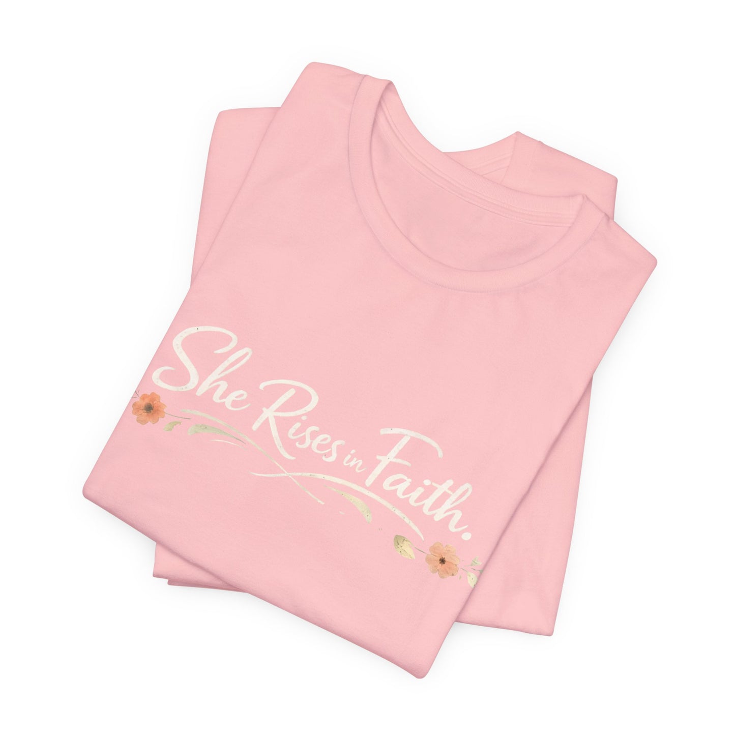 "She Rises In Faith" Chest Tee – Delicate Peach Blossom Graphic
