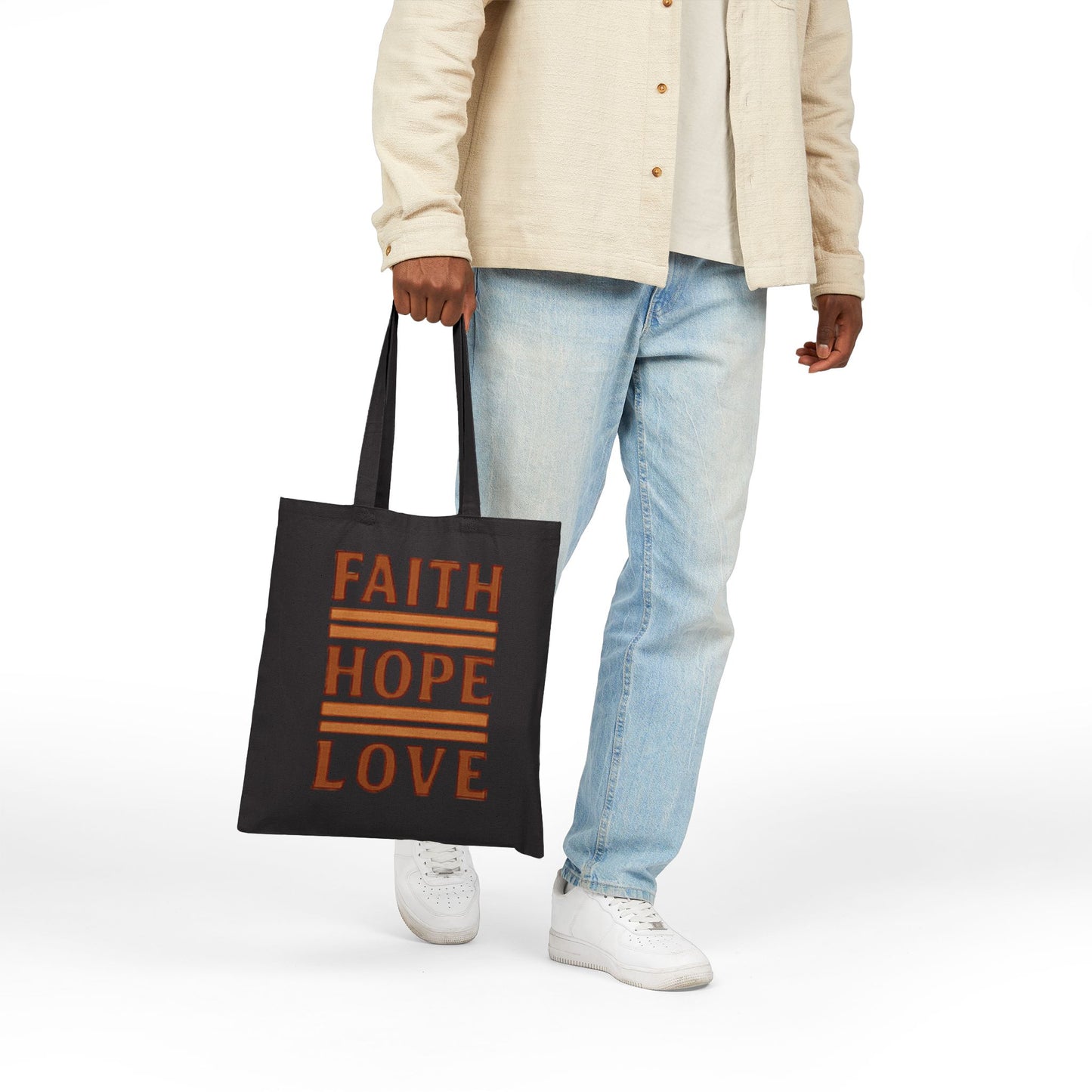 Faith Hope Love Cotton Canvas Tote Bag — Inspirational Quote Market Bag