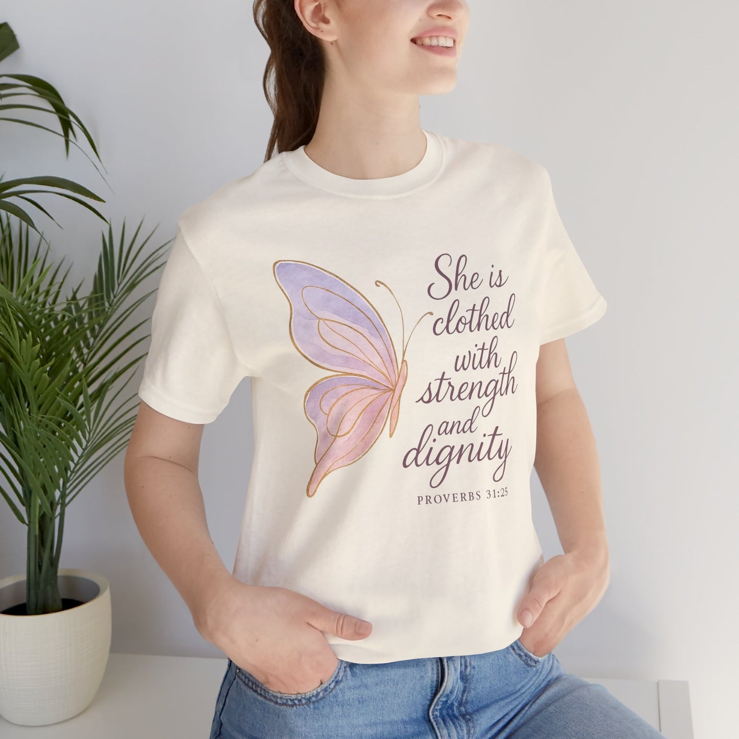 Inspirational "She is clothed with strength and dignity" Butterfly T-Shirt