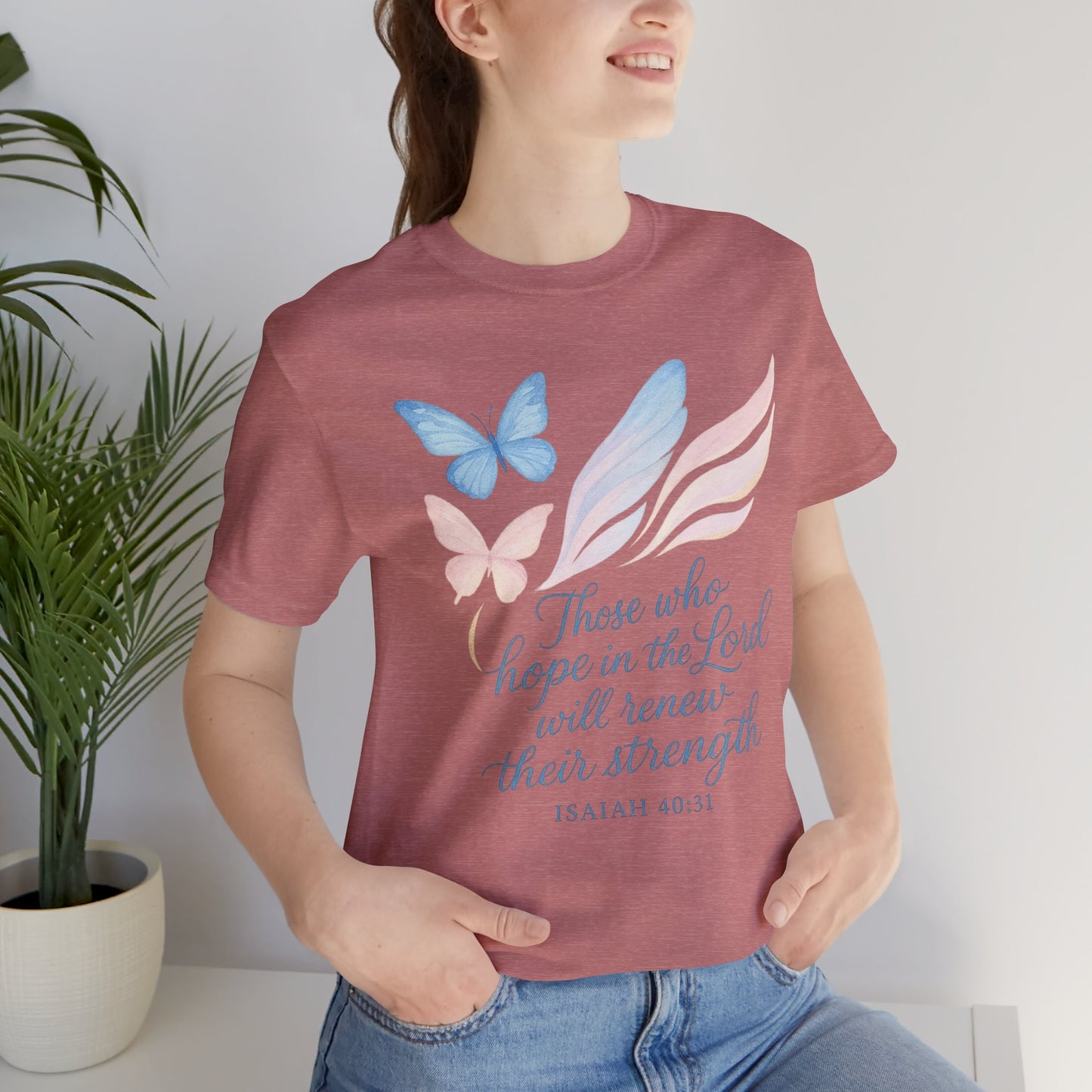 Inspirational Scripture T-Shirt – "Those Who Hope in the Lord" Isaiah 40:31, Pastel Butterflies
