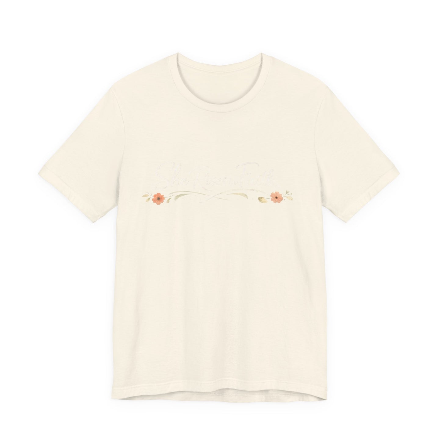 "She Rises In Faith" Chest Tee – Delicate Peach Blossom Graphic