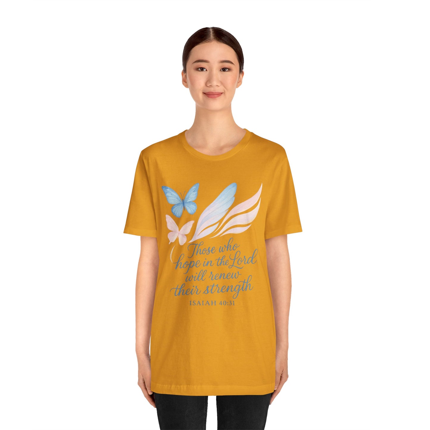 Inspirational Scripture T-Shirt – "Those Who Hope in the Lord" Isaiah 40:31, Pastel Butterflies