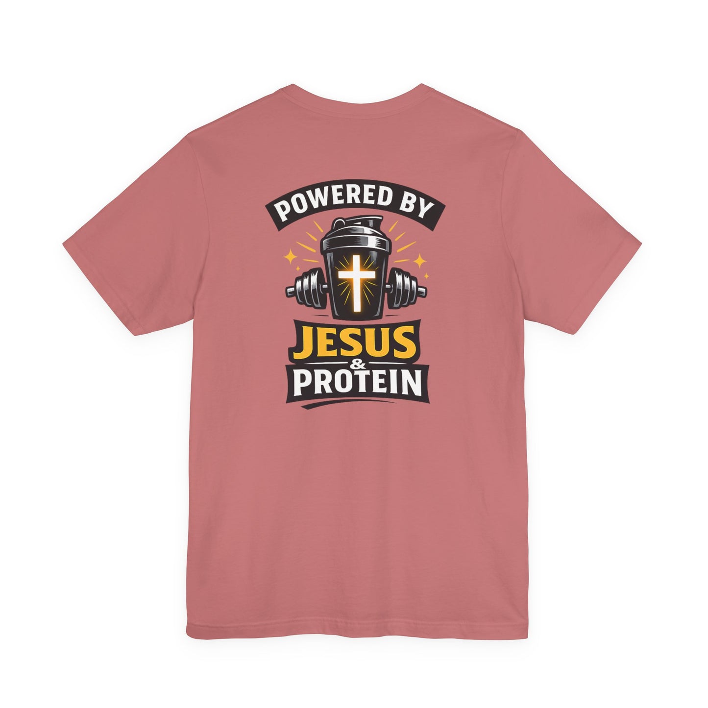 Powered by Jesus & Protein T-Shirt — Christian Gym Fitness Tee