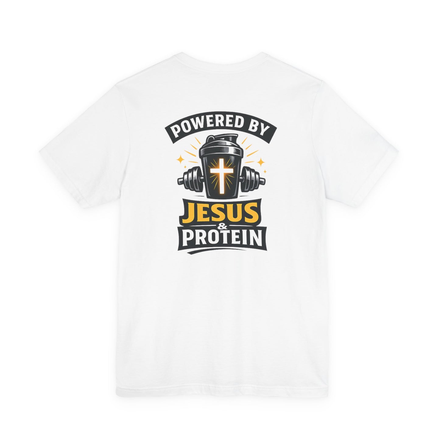 Powered by Jesus & Protein T-Shirt — Christian Gym Fitness Tee