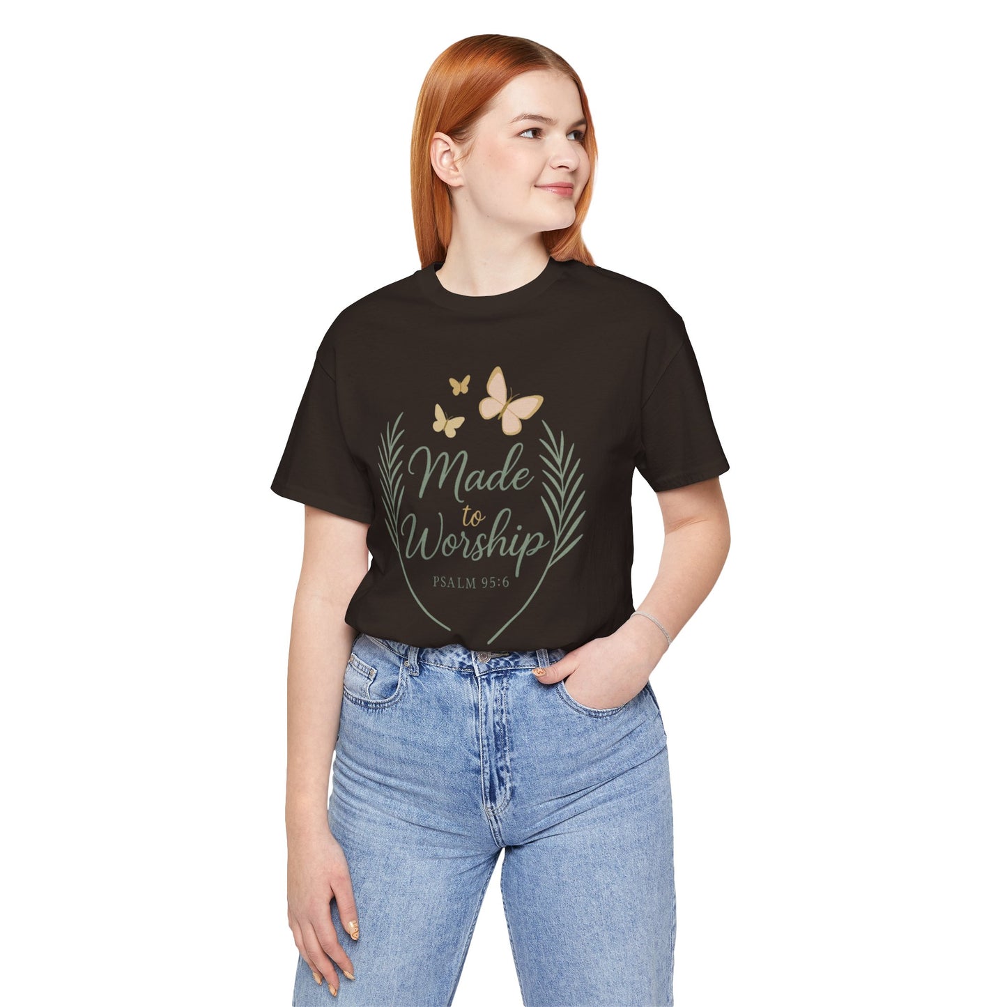 Made to Worship T-Shirt – Psalm 95:6 Christian Faith Tee with Butterflies