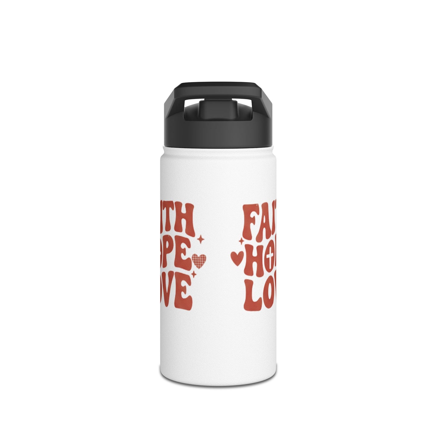 Faith Hope Love Stainless Steel Water Bottle — Retro Heart Typography