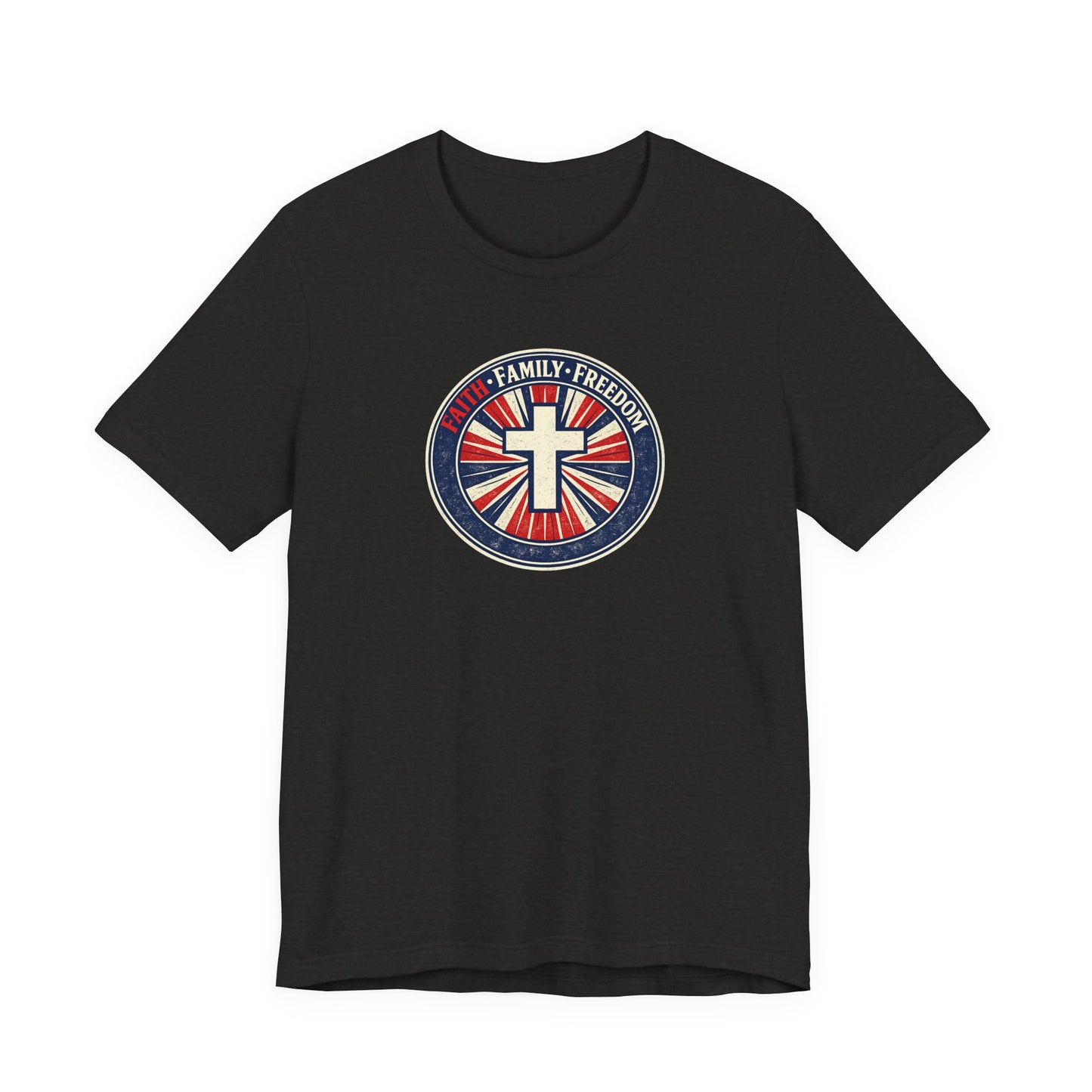Faith Family Freedom T‑Shirt — Cross Emblem Patriotic Graphic Tee