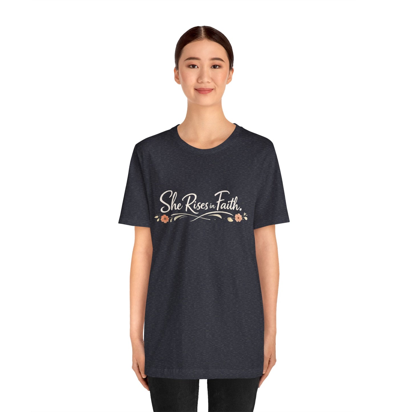 "She Rises In Faith" Chest Tee – Delicate Peach Blossom Graphic