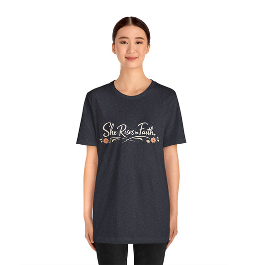 "She Rises In Faith" Chest Tee – Delicate Peach Blossom Graphic