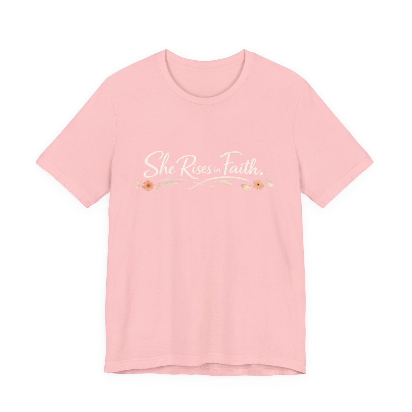 "She Rises In Faith" Chest Tee – Delicate Peach Blossom Graphic