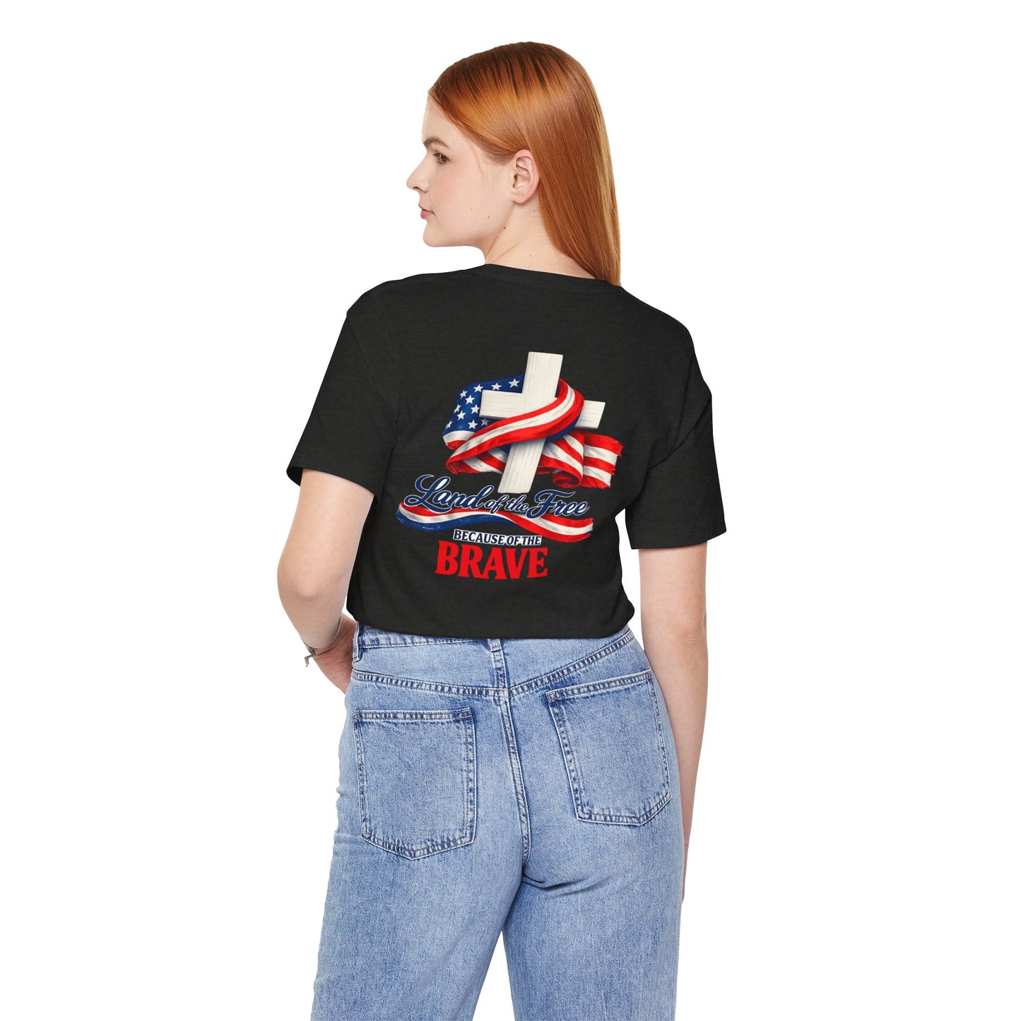 Land of the Free Because of the Brave Tee - Patriotic American Flag Cross T-Shirt