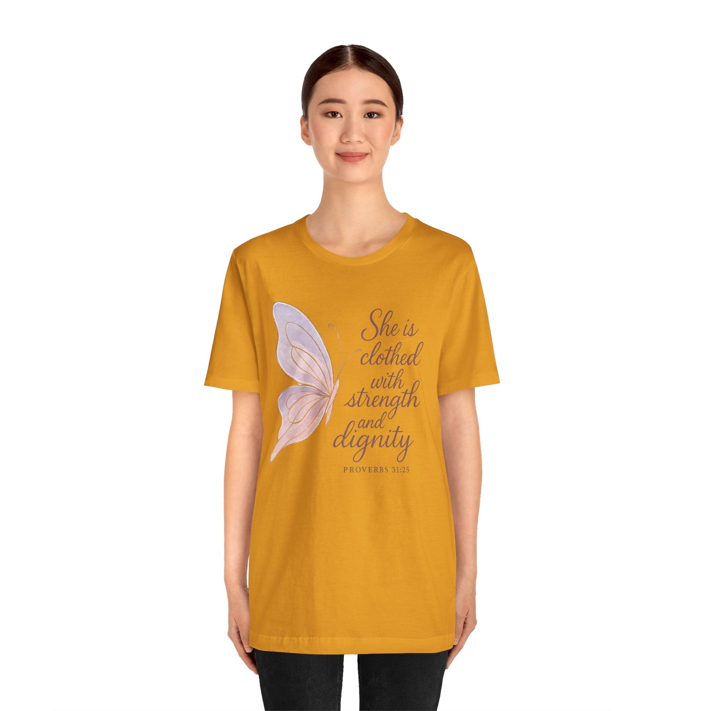Inspirational "She is clothed with strength and dignity" Butterfly T-Shirt