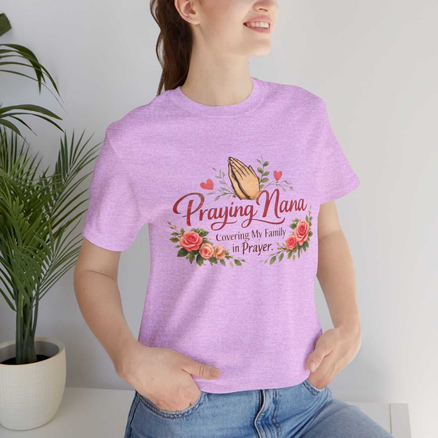 Praying Nana T-Shirt – Floral Praying Hands "Covering My Family in Prayer" Grandma Gift