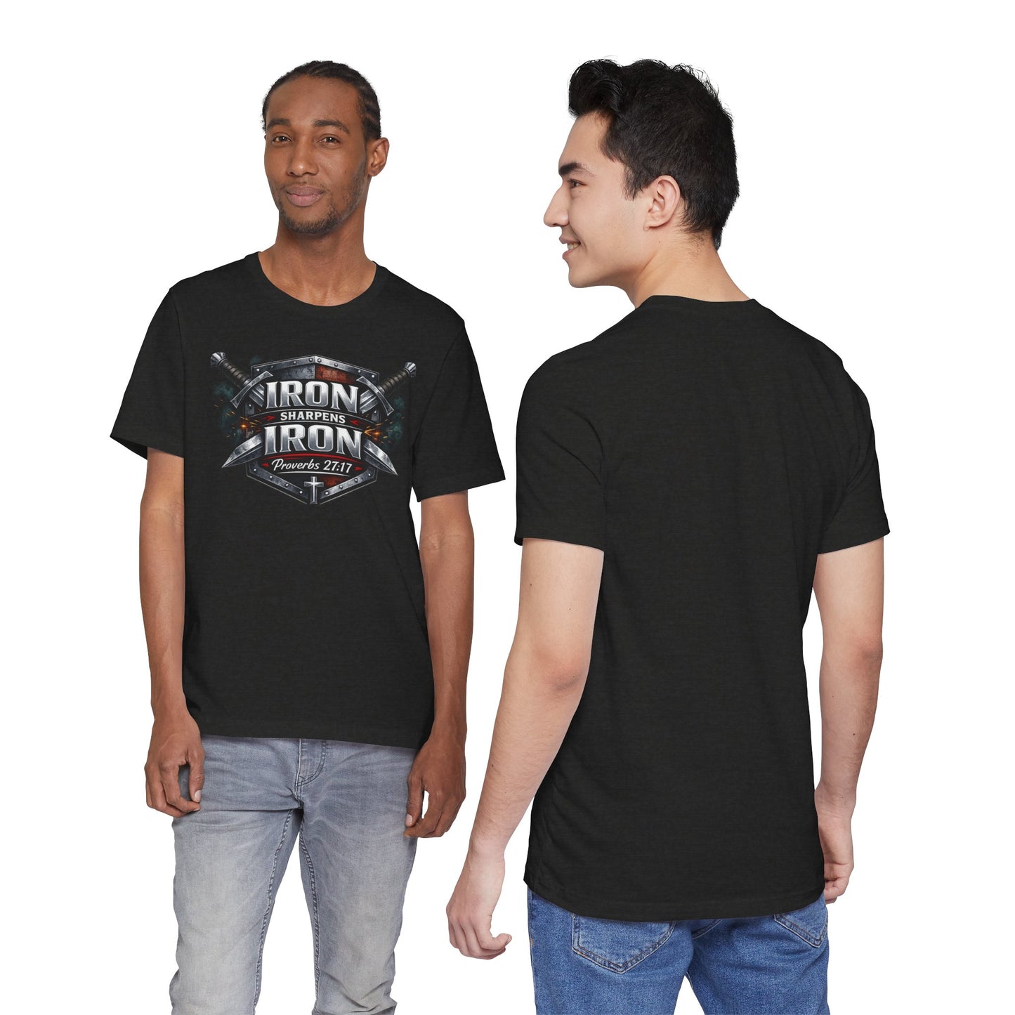 Iron Sharpens Iron T-Shirt — Faith-Based Proverbs 27:17 Graphic Tee