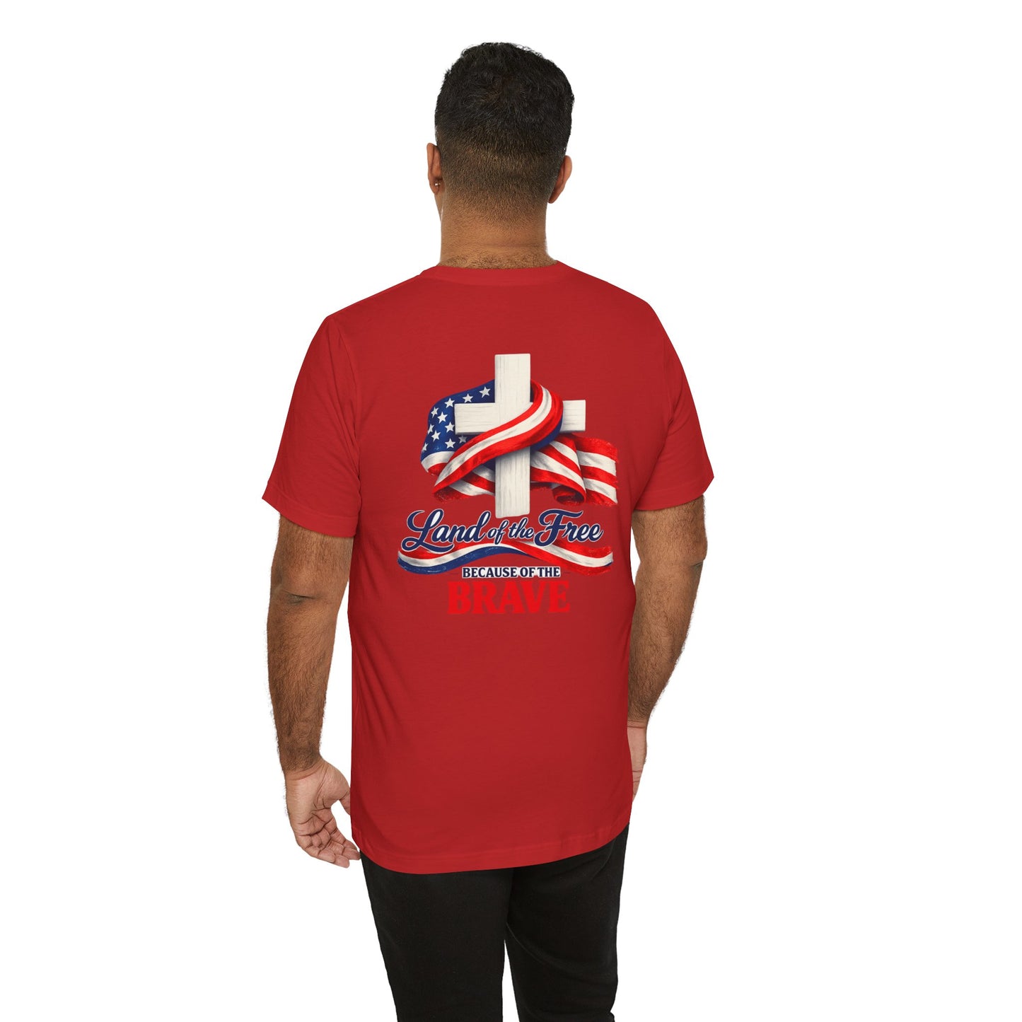 Land of the Free Because of the Brave Tee - Patriotic American Flag Cross T-Shirt