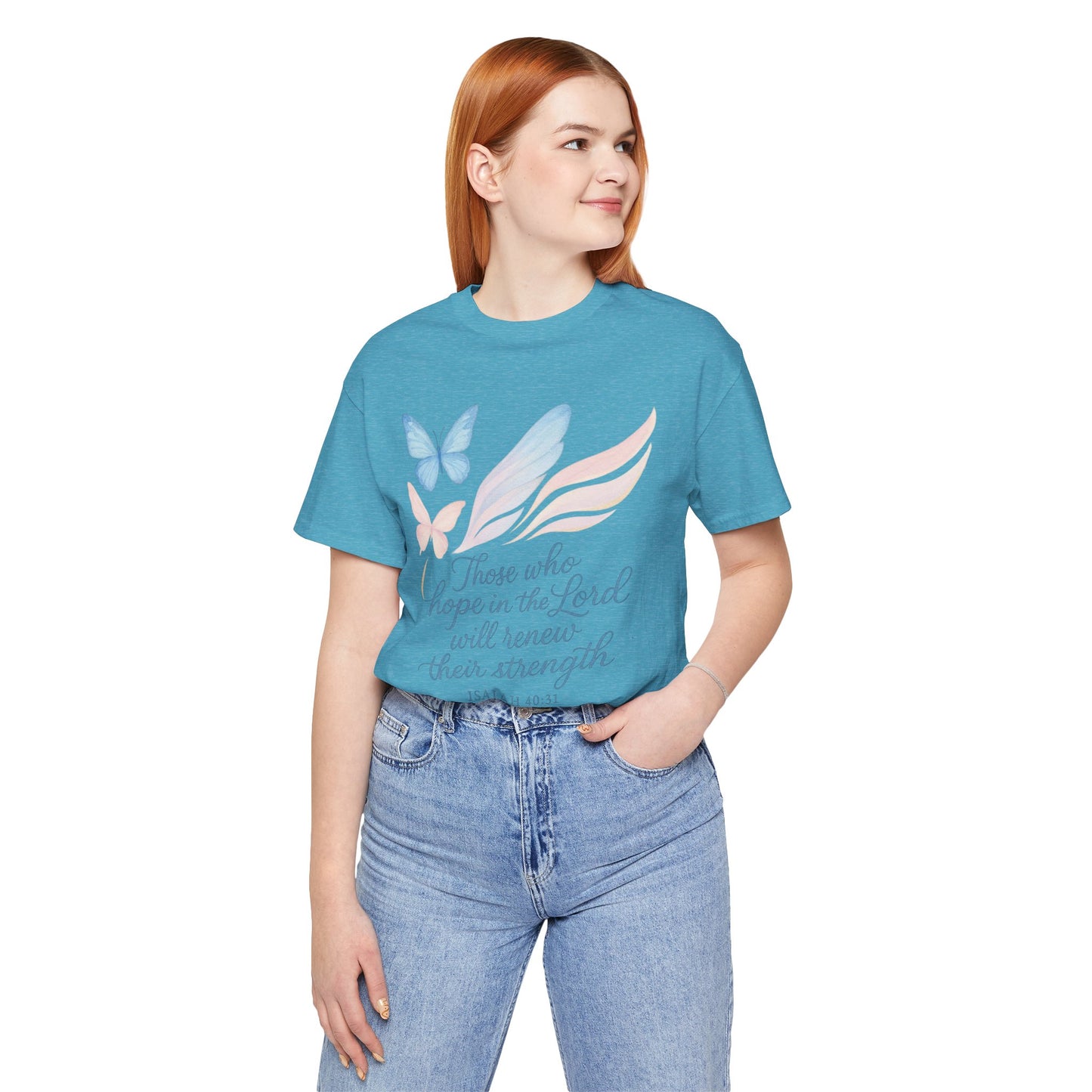 Inspirational Scripture T-Shirt – "Those Who Hope in the Lord" Isaiah 40:31, Pastel Butterflies