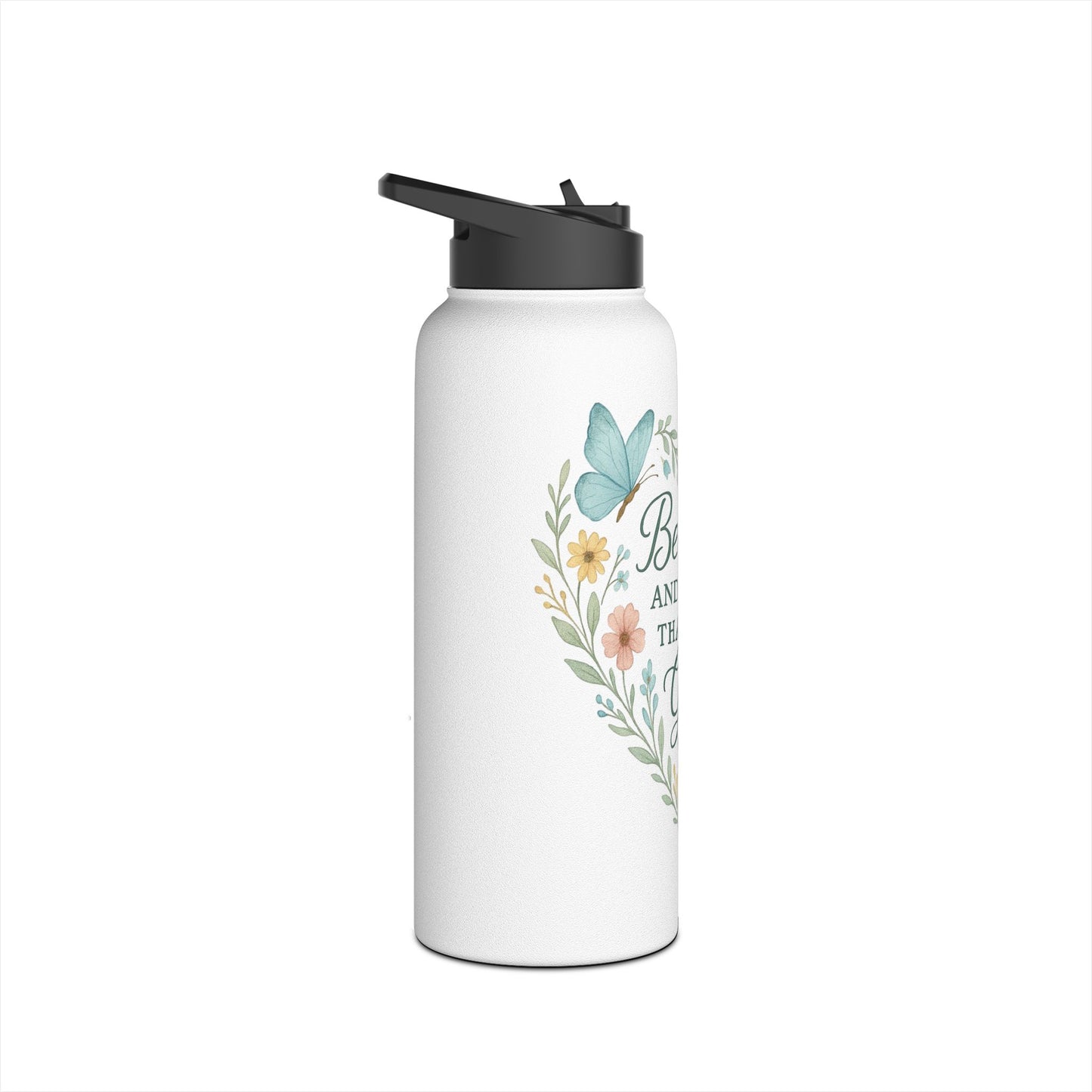 Christian Water Bottle — “Be Still and Know That I Am God” Floral Stainless Steel Bottle