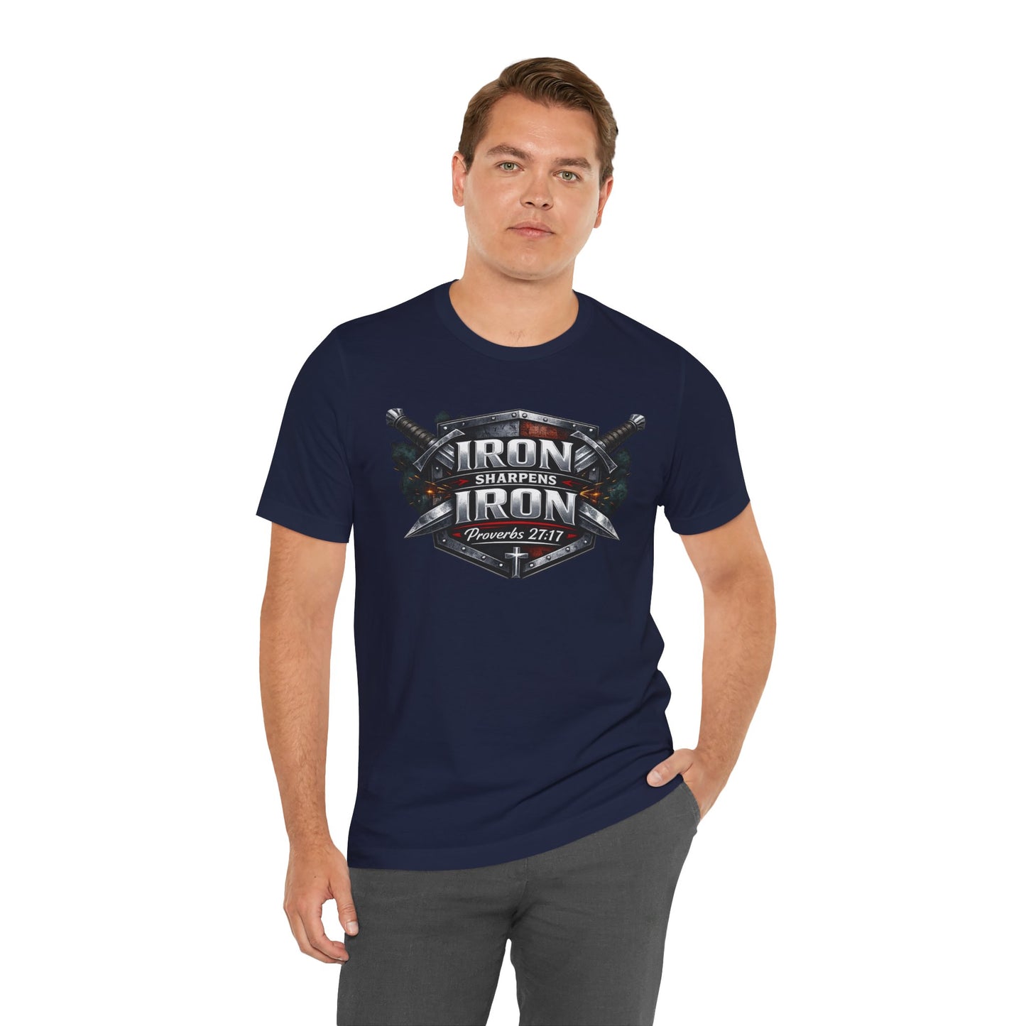 Iron Sharpens Iron T-Shirt — Faith-Based Proverbs 27:17 Graphic Tee