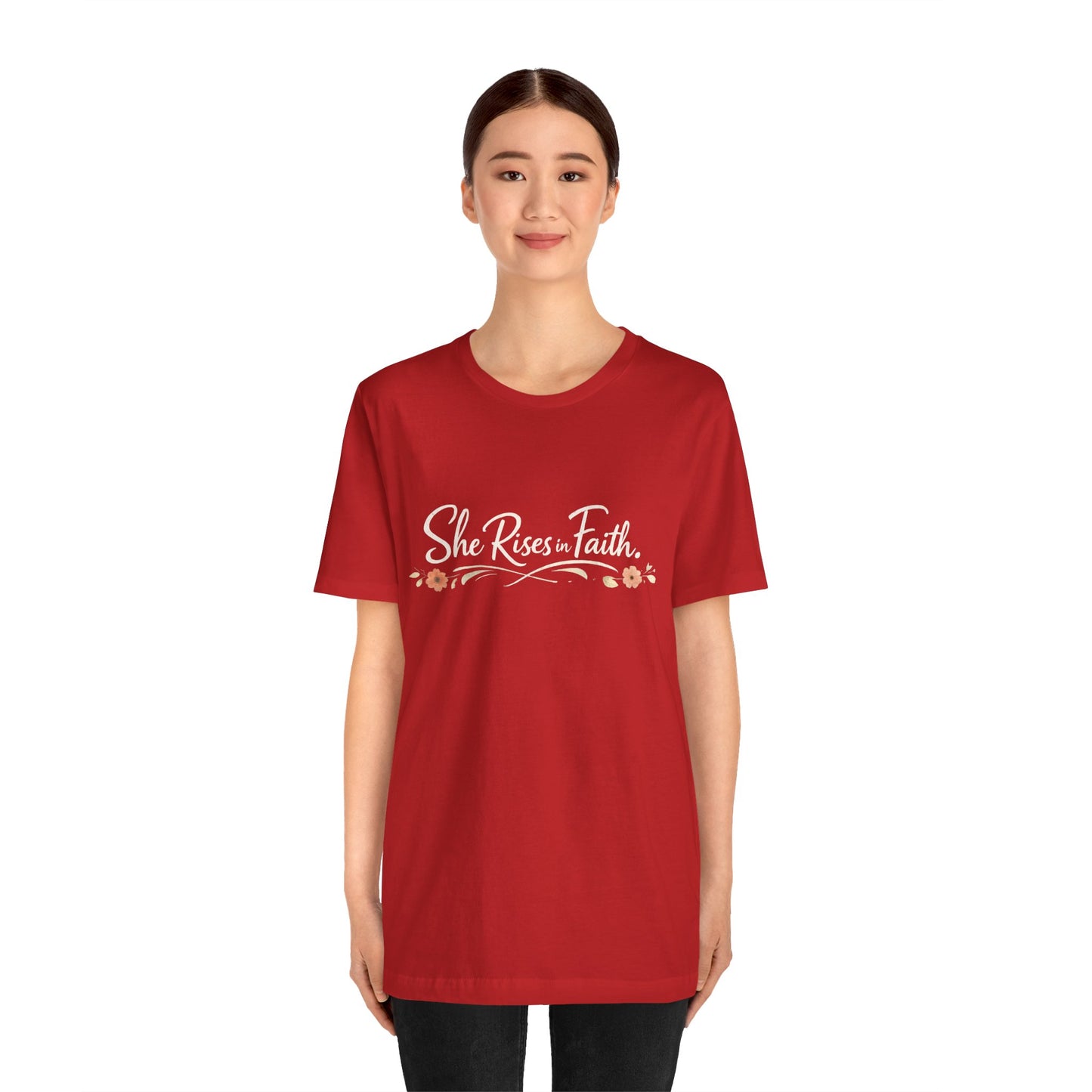 "She Rises In Faith" Chest Tee – Delicate Peach Blossom Graphic